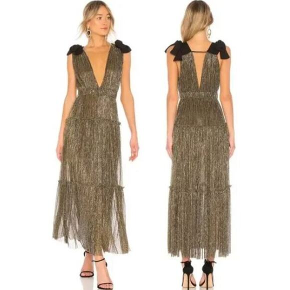 Sabina Musayev Ray Maxi Dress Tiered V Neck Bow Tie Metallic Gold Sz M - Picture 1 of 10